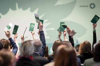 B?ndnis 90 / Die Gr?nen ? L?nderrat ? kleiner Parteitag in Berlin ? Abstimmung mit Stimmkarten-stock-foto