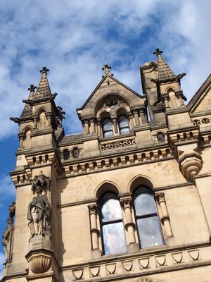 close up detail view of bradford city hall in west yorkshire a victorian gothic revival sandstone building with statues-stock-photo