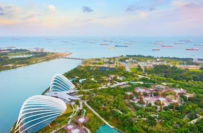 Harbor, Gardens by Bay, Singapore SINGAPORE - FEB 17, 2107: aerial view of Garden by the Bay and Singapore harbor. Garde-stock-foto