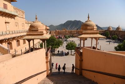 The Amber Fort is the ancient capital of Jaipur. It was built by the King of Man SINGH in 1592. The buildings in the for-stock-photo