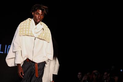 Model on the runway for Reptilia during the 59th edition of S?o Paulo Fashion Week,-stock-foto