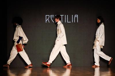 Model on the runway for Reptilia during the 59th edition of S?o Paulo Fashion Week,-stock-foto