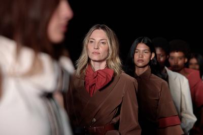 Model on the runway for Reptilia during the 59th edition of S?o Paulo Fashion Week,-stock-foto