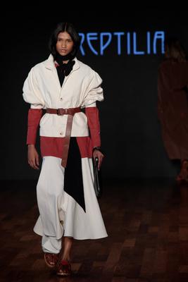Model on the runway for Reptilia during the 59th edition of S?o Paulo Fashion Week,-stock-foto