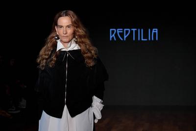 Model on the runway for Reptilia during the 59th edition of S?o Paulo Fashion Week,-stock-foto