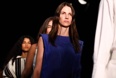 Model on the runway for Reptilia during the 59th edition of S?o Paulo Fashion Week,-stock-foto