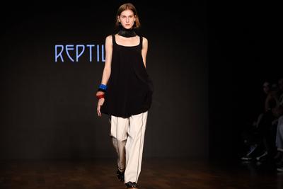 Model on the runway for Reptilia during the 59th edition of S?o Paulo Fashion Week,-stock-foto