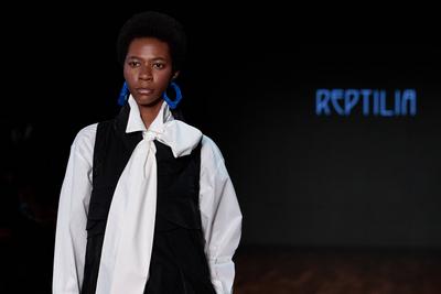 Model on the runway for Reptilia during the 59th edition of S?o Paulo Fashion Week,-stock-foto