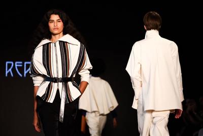 Model on the runway for Reptilia during the 59th edition of S?o Paulo Fashion Week,-stock-foto