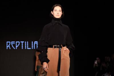 Model on the runway for Reptilia during the 59th edition of S?o Paulo Fashion Week,-stock-foto