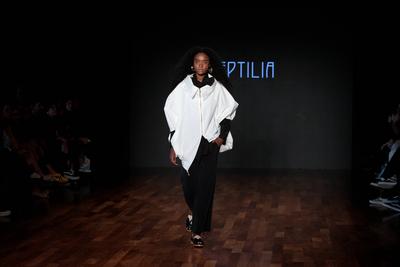 Model on the runway for Reptilia during the 59th edition of S?o Paulo Fashion Week,-stock-foto