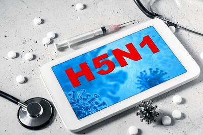 Germany - July 02, 2024: Viruses or tablet with screen inscription: H5N1. Warning about bird flu and the infectious viru-stock-foto