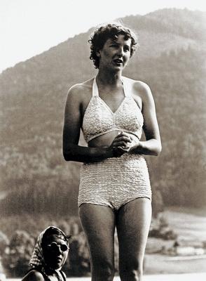 Eva Braun Photo Album Eva Anna Paula Braun (1912 - 1945) in her bathing suit. Eva Braun was often seen sunbathing at the-stock-photo