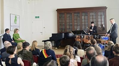 Queen Mathilde visits the Academy of Music and the Spoken Word in Waterloo-stock-photo