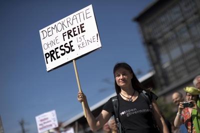 Demonstration netzpolitik.org DEU, Deutschland, Germany, Berlin, 01.08.2015 Anke Domscheit-Berg, Piratenpartei, Protest-stock-foto
