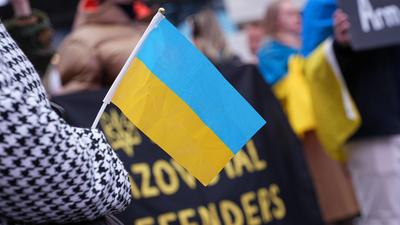 "ukrainian voices rise in times square rally after the attack"-stock-photo