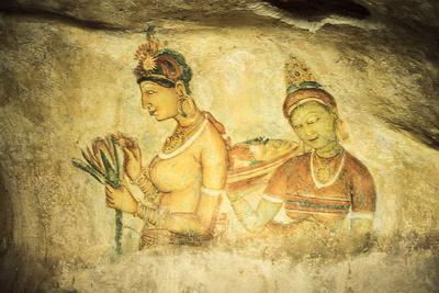 Ancient famous wall paintings at Sigirya in Sri Lanka Wall painting (frescoes) in Sigiriya an ancient rock fortress , Ap-stock-foto
