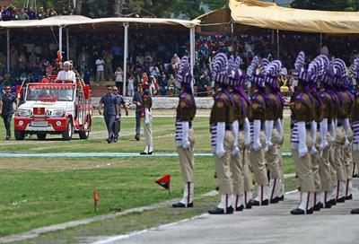 J&K LG Attends Manoj Sinha Passing Out Parade Of BRTC 16th Batch Of J&K Police At PTS Manigam, Ganderbal-stock-foto