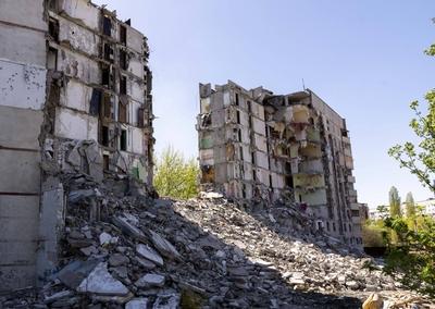 Destroyed building in Kharkiv?s Saltivka District-stock-photo