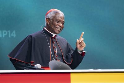 Kardinal Peter TURKSON, haelt die Laudatio fuer Ehrenpreistraeger Prof. Hans Joachim SCHELLNHUBER, Stiftung Deutscher Na-stock-foto