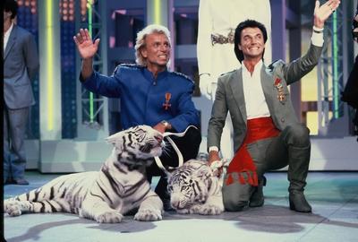 Siegfried und Roy bei einem Fernsehauftritt mit Ihren weissen Tigern im Juni 1987 Siegfried Fischbacher ( 13. Juni 1939-stock-photo