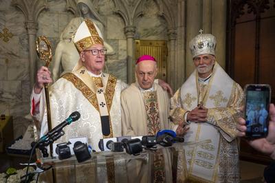 Cardinal timothy dolan, archbishop of new york, celebrates a mass for pope francis-stock-foto