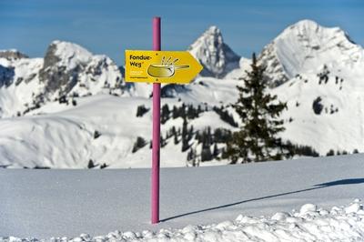 Wegweiser auf dem Fondue Weg in Sch?nried im winterlichen Saanenland Kanton Bern Schweiz Directi-stock-foto