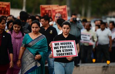 Travel And Hospitality Industry Workers Protest March Against Terrorist Attack On Tourists In Pahalgam-stock-foto