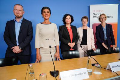Pressekonferenz, B?ndnis Sahra Wagenknecht Pressekonferenz zu den Landtagswahlen in Sachsen und Th?ringen, B?ndnis Sahra-stock-foto