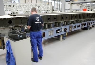 Mitarbeiter arbeitet an einem Seitenleitwerk . Airbus Werk , Stade. Worker at Airbus. Stade , 16.08.2007 , , , Stade De-stock-foto