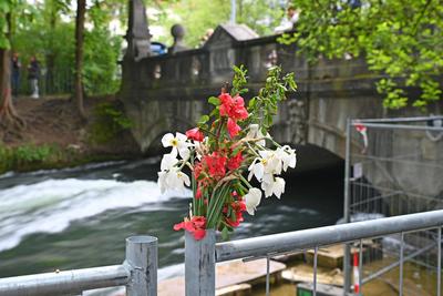 Blumenmeer am Ufer vom Eibsach in Muenchen nach Tod einer Surferin-stock-foto