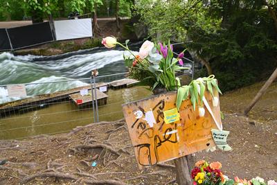 Blumenmeer am Ufer vom Eibsach in Muenchen nach Tod einer Surferin-stock-foto