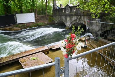 Blumenmeer am Ufer vom Eibsach in Muenchen nach Tod einer Surferin-stock-foto