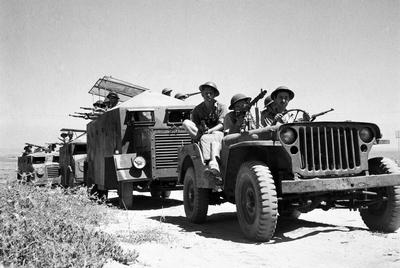 Israel / Palestine: A force of Israeli Palmach armoured cars in the Negev Desert, Arab-Israeli War, 1948 The 1948 Arab I-stock-photo