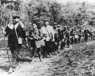 Cambodia: Khmer Rouge Leadership: Pol Pot, Nuon Chea and Ieng Sary in a 1979 DK propaganda photograph. In a staged photo-stock-photo