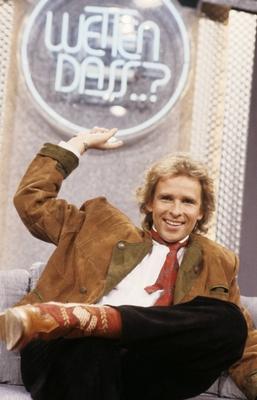 Thomas Gottschalk 10 87 ru Mann Fernsehen Film Show Moderation Schauspiel blond Locken Lederjacke Kr-stock-foto