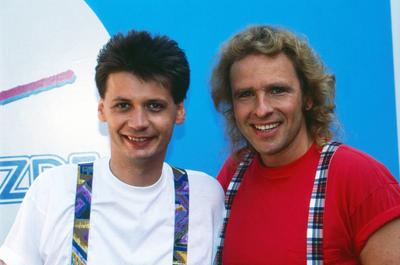 Supertreff im ZDF Supertreff im ZDF, Magazin, Deutschland um 1988, Moderatoren: G?nther Jauch, Thomas Gottschalk, Mainz-stock-foto