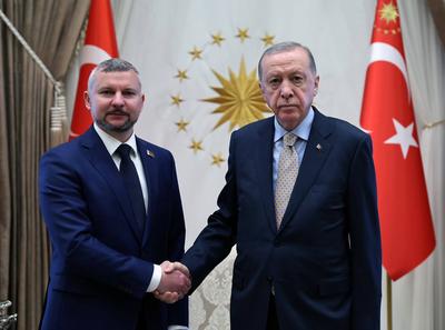 Turkish President Recep Tayyip Erdo?an received the credentials of the new Belarusian Ambassador to T?rkiye, Anatoly Glaz, at the Turkish Presidential Complex in Ankara-stock-foto