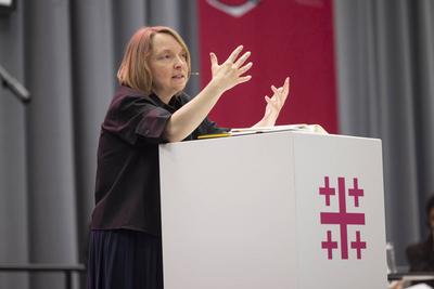 Podium "klimagerecht - ressourcengerecht?" beim Evangelischen Kirchentag in Hannover-stock-photo