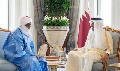 The Emir of the State of Qatar, Tamim bin Hamad Al Thani, receives the credentials of the six new ambassadors-stock-photo