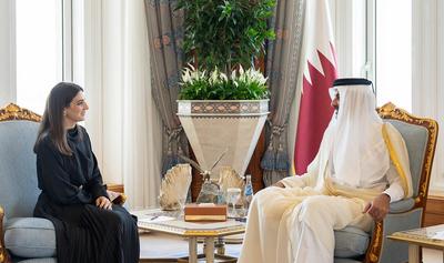The Emir of the State of Qatar, Tamim bin Hamad Al Thani, receives the credentials of the six new ambassadors-stock-photo