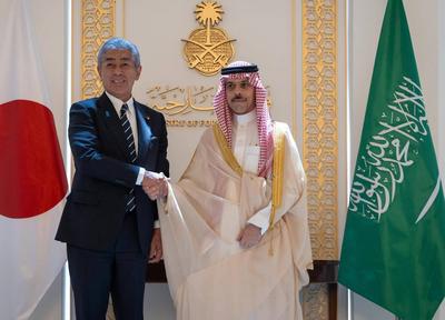 Saudi Foreign Minister Faisal bin Farhan meets with Japanese Foreign Minister Takeshi Iwaya-stock-photo