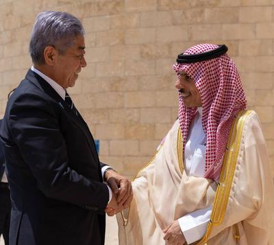 Saudi Foreign Minister Faisal bin Farhan meets with Japanese Foreign Minister Takeshi Iwaya-stock-photo