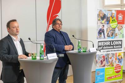 20250430 Praesentation der Ergebnisse der Fruehjahrslohnrunde 2025 der Gewerkschaft BAU HOLZ-stock-foto