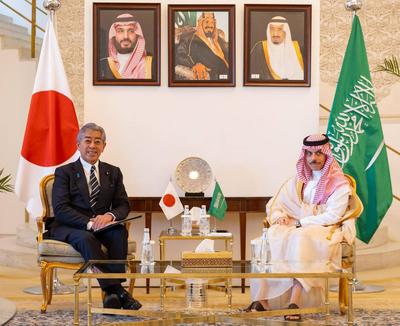 Saudi Foreign Minister Faisal bin Farhan meets with Japanese Foreign Minister Takeshi Iwaya-stock-photo