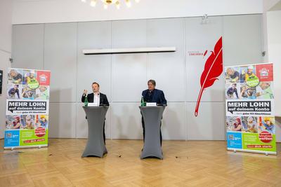 20250430 Praesentation der Ergebnisse der Fruehjahrslohnrunde 2025 der Gewerkschaft BAU HOLZ-stock-foto