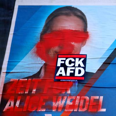 FCK AFD - KEINBOCKAUFNAZIS.DE - Rot beschmiertes AfD-Wahlplakat (Vandalismus): ZEIT F?R ALICE WEIDEL. - ZEIT F?R DEUTSCH-stock-photo