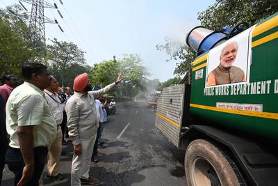 Delhi Environment Minister Manjinder Singh Sirsa Reviews Machines For Dust Mitigation, Pollution Control In Delhi-stock-photo
