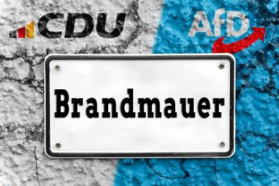 January 28, 2025: Symbolic image of the firewall between the CDU and AfD. A split wall with the logos of the CDU and AfD-stock-foto