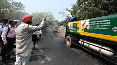 Delhi Environment Minister Manjinder Singh Sirsa Reviews Machines For Dust Mitigation, Pollution Control In Delhi-stock-photo